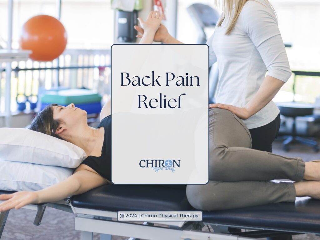 Blog header "back pain relief", overlayed over an image of a patient undergoing back pain physical therapy stretches.