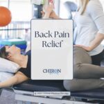 Blog header "back pain relief", overlayed over an image of a patient undergoing back pain physical therapy stretches.
